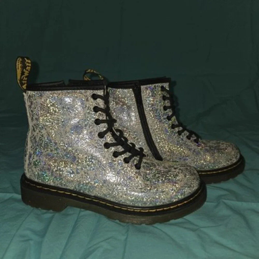 Dr. Martens 1460 Kids Silver Glitter Combat Ankle Boots Lace-Up Side Zip US 2